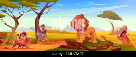 Savannah landscape with african animals. Cute lion, warthog, baboon and hyena characters in savanna or safari park. Nature scene with wild animals, trees and grass, vector cartoon illustration Stock Vector