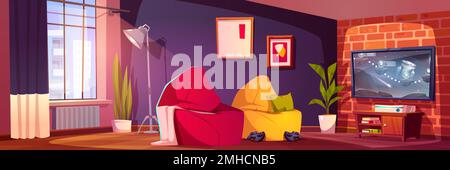 Gamer room interior with tv gaming console and beanbag chairs. Vector cartoon illustration of cozy home design with video game controllers, LCD display and picture frames on brick wall, potted plants Stock Vector