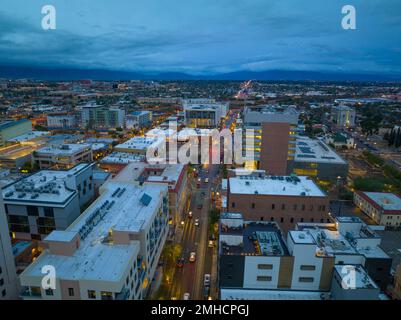Tucson modern city aerial view at sunset on E Broadway Blvd at S Stone Avenue in downtown Tucson, Arizona AZ, USA. Stock Photo