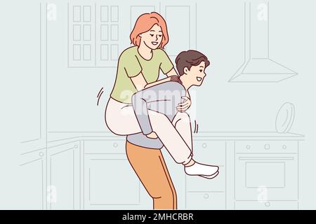 Cheerful man giving woman ride on back while having fun together in kitchen after buying own apartment. Happy married couple have fun enjoy long awaited weekend. Flat vector design  Stock Vector