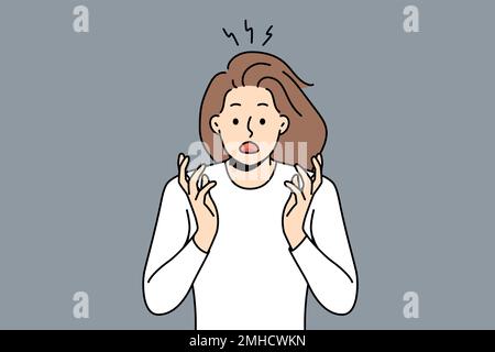 Stunned young woman feeling shocked and scared with unexpected news or message. Shocked girl terrified or astonished show emotions. Vector illustration.  Stock Vector