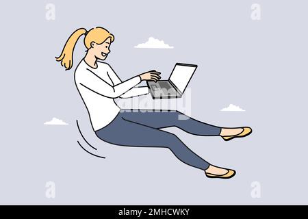 Smiling young woman flying in air working on laptop online. Happy female busy with computer job. Freelance and business concept. Vector illustration.  Stock Vector