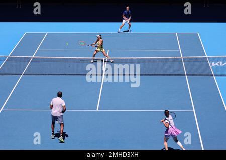Melbourne, Australia. 27th Jan, 2023. Luisa Stefani and Rafael Matos of Brazil playing against Sania Mirza and Rohan Bopanna of India in the Mixed Doubles Final match, Day 12 at the Australian Open Tennis 2023 at Rod Laver Arena, Melbourne, Australia on 27 January 2023. Photo by Peter Dovgan. Editorial use only, license required for commercial use. No use in betting, games or a single club/league/player publications. Credit: UK Sports Pics Ltd/Alamy Live News Stock Photo