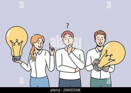 Diverse businesspeople with light bulbs feel frustrated think about creative business ideas. Pensive employees consider innovated plans. Teamwork. Vector illustration.  Stock Vector