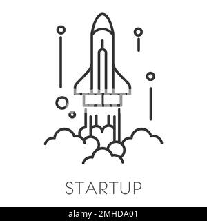 Spaceship launch, startup technology isolated outline icon Stock Vector