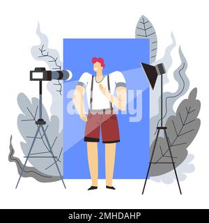 Blogger and Internet, profession or hobby, man and video camera Stock Vector