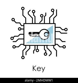 Bitcoin system key, cryptocurrency isolated outline icon Stock Vector