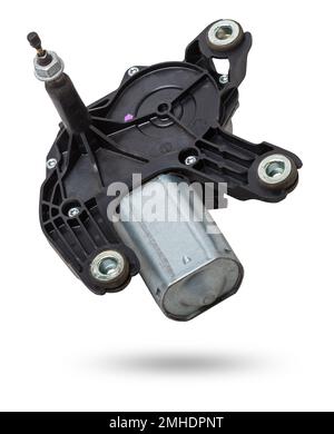 Wiper electric motor on white isolated background. Spare car parts catalog. Stock Photo