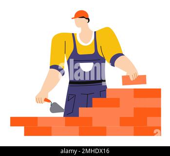 Building or construction works, worker with putty knife and brick wall Stock Vector