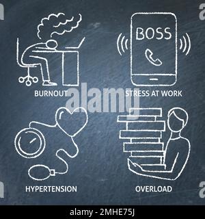 Stress and burnout icon set on chalkboard. Overload at work, feeling stressed. Vector illustration. Stock Vector