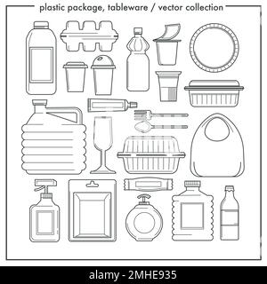 Disposable tableware and plastic packaging isolated outline icons Stock Vector