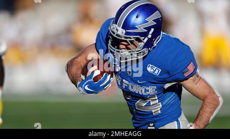 October 27, 2018: Boise State defensive end, Kayode Rufai #45, bears down  on Falcon running back, Kadin Remsberg #24, during the NCAA football game  between the Boise State Broncos and the Air