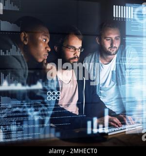 Putting their heads together. young computer programmers working on source code. Stock Photo