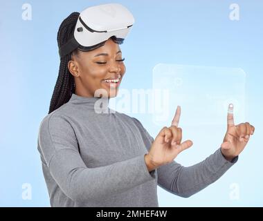 Black woman, virtual reality and touching futuristic display, hologram or screen against a blue background. African American female in future digital Stock Photo