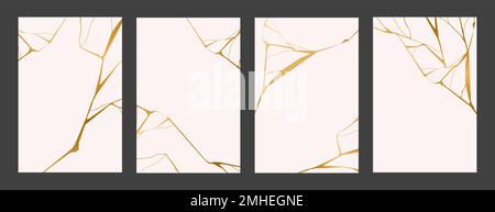 Set of gold kintsugi posters. Crack and broken effects. Marble texture. Luxury design for posters, wall art, wallpaper, wedding card, social media Stock Vector