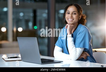 Doctor, computer and black woman portrait in a healthcare office at night working on web research. Laptop, health worker and nurse with happiness from Stock Photo