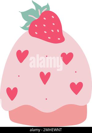 Doodle sweet strawberry cupcake with hearts vector illustration. Cute romantic Valentines day hand drawn cake isolated on white. Stock Vector