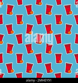 Beer pong seamless pattern. Red plastic cups on blue background. Famous american party drinking game. Vector background Stock Vector