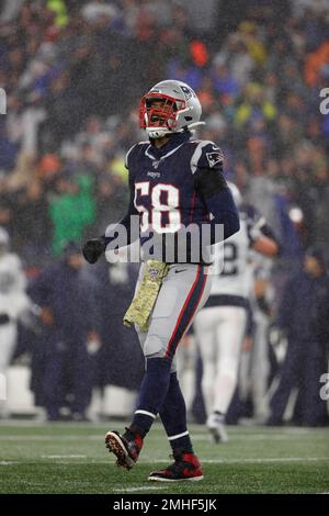 New England Patriots linebacker Jamie Collins warms up during an NFL  football practice, Wednesday, Sept. 18, 2019, in Foxborough, Mass. As  dominant as the Patriots' offense has been through two games, their