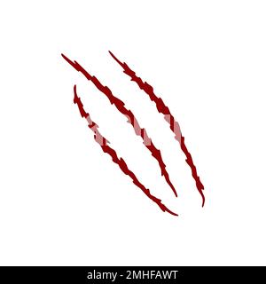 Blood scratch claws mark of wild animal. Monster or dinosaur talons trace. Red sharp torn edges texture isolated on white background. Scary symbol on the wall. Vector flat illustration Stock Vector