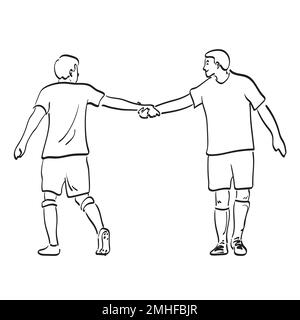 line art full length of soccer player with handshake after match illustration vector hand drawn isolated on white background Stock Vector