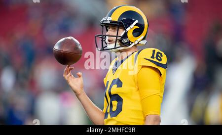 Los Angeles Rams quarterback Jared Goff wears headphones and a Los Angeles  Fire Department hat during warmups before an NFL football game against the  Kansas City Chiefs Monday, Nov. 19, 2018, in