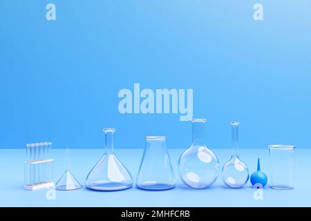 Test glass flasks and tubes with colored solutions on the periodic ...