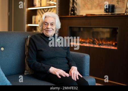 Holocaust survivor Vera Schaufeld at her home in north London, ahead of Holocaust Memorial Day. Vera was born in Prague in 1930 and transported via the Kindertransport to the UK in 1939 where she lived with a family in Bury St Edmunds. Her father was the head of the Jewish community in the small town she grew up in and none of her family who remained in central Europe survived the war. Vera went on to train as a teacher. Picture date: Thursday January 26, 2023. Stock Photo