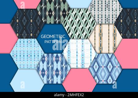 Colorful seamless geometric patterned patchwork set vector Stock Vector