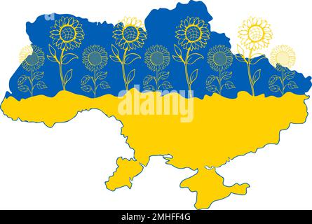 Map of Ukraine decorated with sunflowers in Ukrainian flag colors yellow and blue Stock Vector