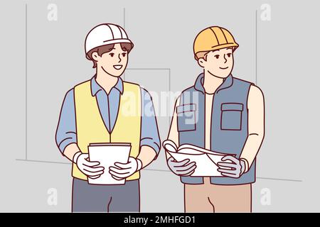 Two man builders in worker uniform look to side discussing construction process. Architects or engineers wearing protective helmets stand with papers in their hands at workplace. Flat vector image Stock Vector