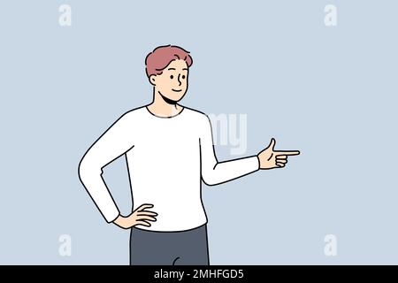 Smiling young man point aside demonstrate good deal or offer. Happy man recommend sale or promotion. Client feedback concept. Vector illustration.  Stock Vector