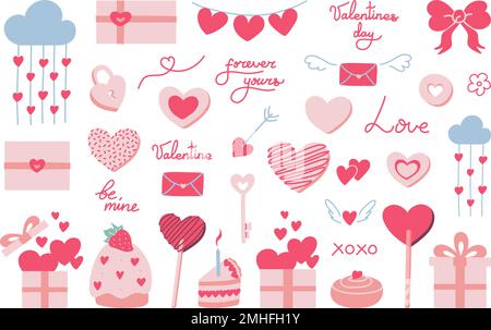 Valentines day vector hand drawn set of doodles. Cute romantic love icons for anniversary, wedding. Lettering text, sweets, presents and gifts collection Stock Vector