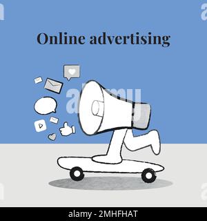 Editable online advertising template vector with megaphone on blue banner Stock Vector