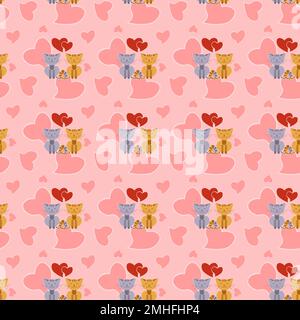 Seamless pattern with cat couple and hearts on Valentines day greeting card Stock Vector
