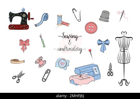Sewing and embroidery elements set. Various sewing tools isolated on white background. Needlework and tailoring equipment, appliances. Embroidery mach Stock Vector