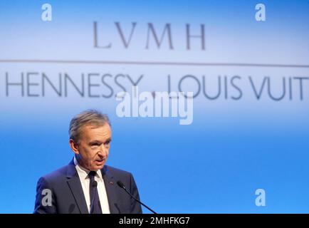 FILE - In this Jan.25, 2018 file photo, CEO of LVMH Bernard Arnault  presents the group's 2017 results in Paris, France. French luxury group  LVMH has agreed to buy iconic New York