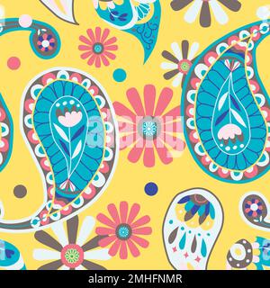 Vibrant yellow Indian vector paisley pattern seamless background Stock Vector
