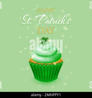 Card with a cupcake for St. Patricks Day. St.Patricks Day background with sweet festive dessert muffin. Vector illustration. Stock Vector
