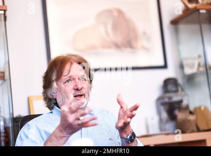 Bad Bramstedt, Germany. 17th Jan, 2023. Arved Fuchs, polar explorer and adventurer, speaks during an interview with Deutsche Presse-Agentur in his office. Credit: Christian Charisius/dpa/Alamy Live News Stock Photo