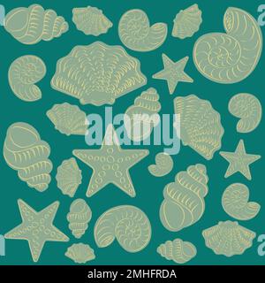 Pattern with hand drawing sea creatures shells and starfish in outline and flat style Stock Vector