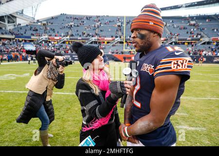 Fox sideline reporter Shannon Spake interviews Chicago Bears wide receiver  Allen Robinson (12) following an NFL