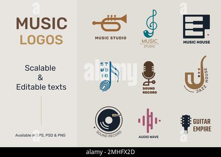 Flat music logo vector with editable text set Stock Vector