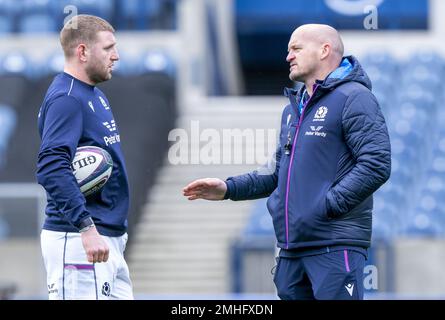 File photo dated 04-02-2022 of Scotland's Finn Russell (left) with head coach Gregor Townsend. Russell fell foul of Townsend in the last Six Nations for breaking team protocols when he went on a night out in Edinburgh and, after being benched in Dublin, was subsequently left out of the initial squad for the autumn internationals amid the head coach's concerns about his form. Issue date: Friday January 27, 2023. Stock Photo