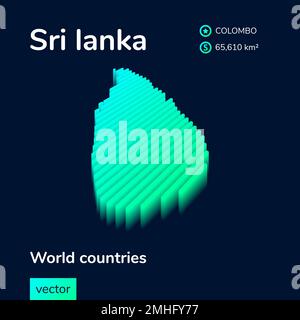 Stylized neon digital isometric striped vector Sri lanka 3D map in green, turquoise and mint colors Stock Vector