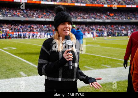 Fox sideline reporter Shannon Spake during the first half of an NFL football  game between the New your Giants and the Chicago Bears in Chicago, Sunday,  Nov. 24, 2019. (AP Photo/Paul Sancya