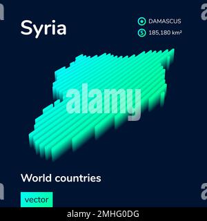 Stylized neon isometric striped vector Syria 3D map in green colors on the dark blue background Stock Vector
