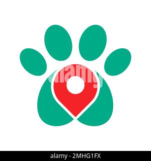 Dog or cat paw with a map pin symbol. Pet shop location icon. Pet friendly place. Veterinary clinic pinpoint. GPS locator sign. Travel destination Stock Vector