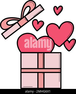 Hand drawn icons gifts with hearts in doodle style. Cartoon present box set with bows. Gift package with love for Valentines day, birthday, wedding, anniversary. Stock Vector