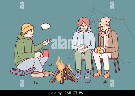 Group of young people communicate while sitting around campfire during camping trip in nature. Girl and two guys tourists talking before going to bed while traveling with tents. Flat vector image Stock Vector